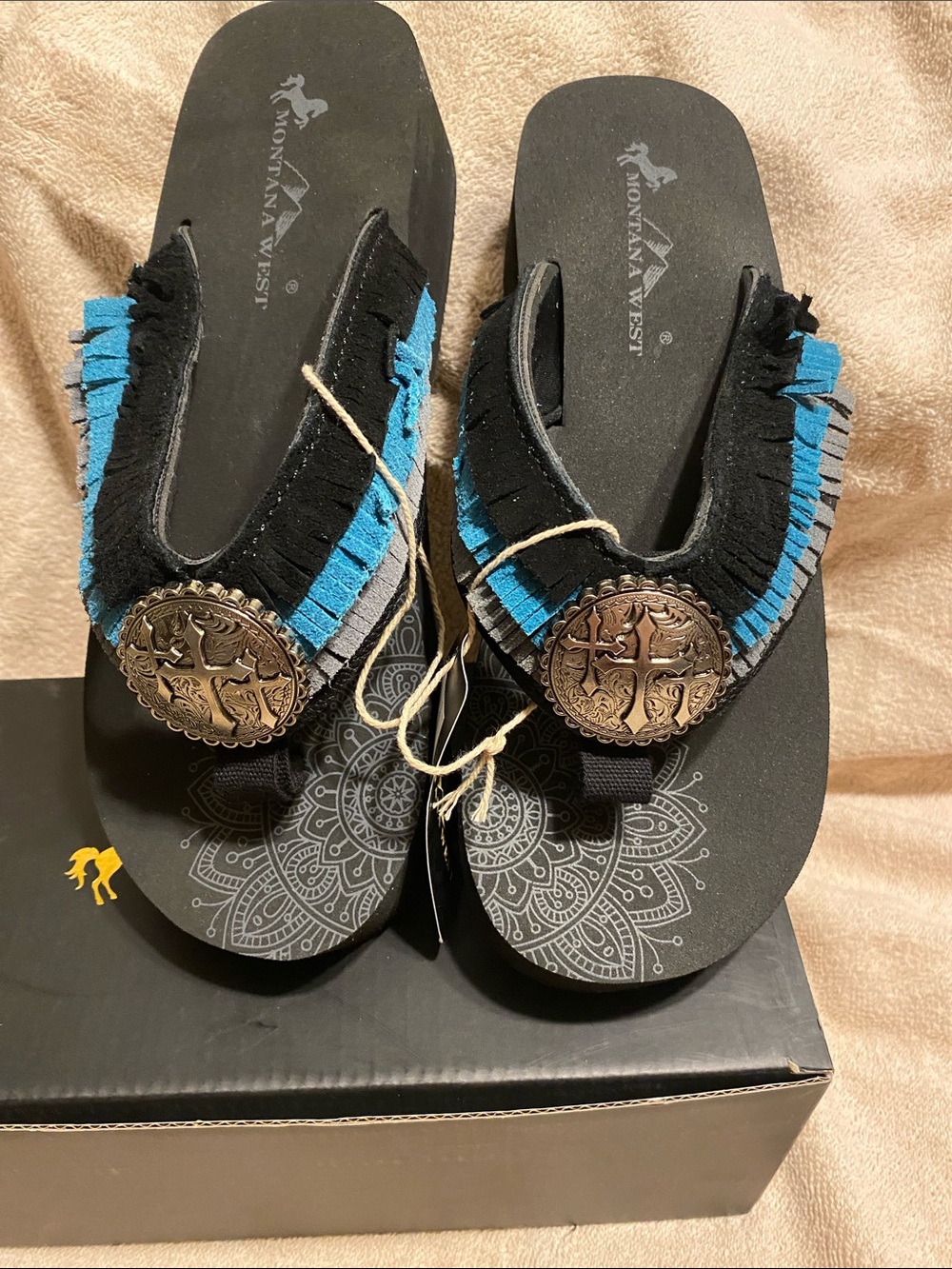 Montana West Black and Turquoise Fringe Flip Flop Sandals with Concho